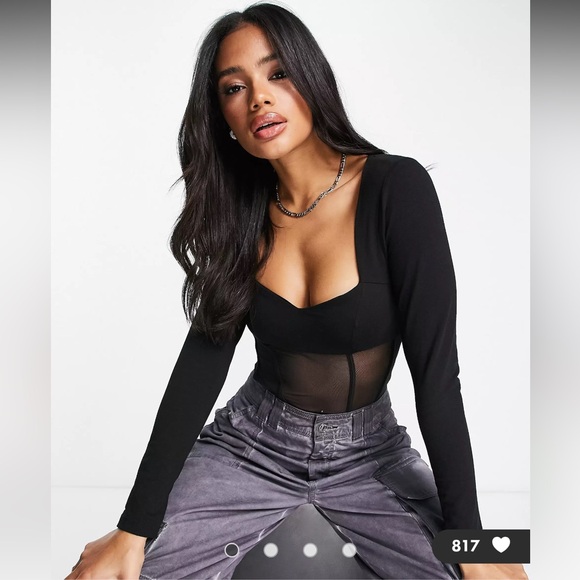 ASOS Tops - ASOS DESIGN corset style sweetheart neck mesh bodysuit in black